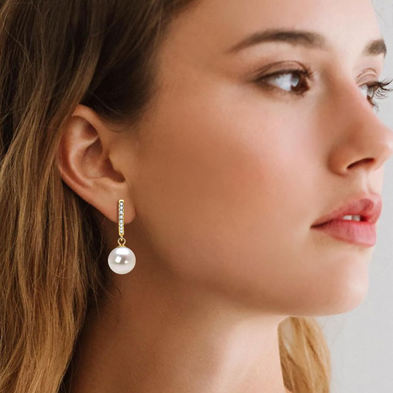 9-10 mm Natural Freshwater Pearl Drop Earrings with 1.4 mm Moissanite Side Stones