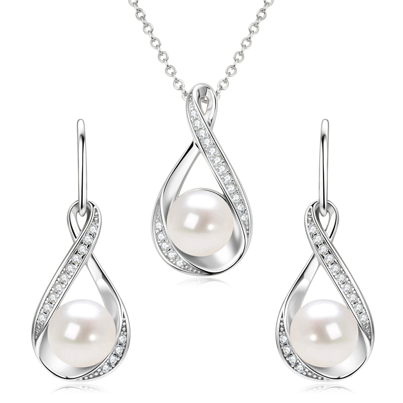 Freshwater Bread-Shaped Pearl Infinity Pendant & Earrings with Moissanites Jewelry Set