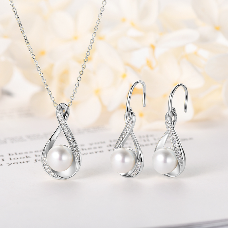 Freshwater Bread-Shaped Pearl Infinity Pendant & Earrings with Moissanites Jewelry Set