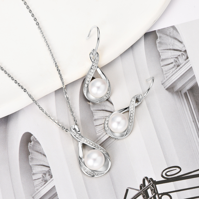 Freshwater Bread-Shaped Pearl Infinity Pendant & Earrings with Moissanites Jewelry Set