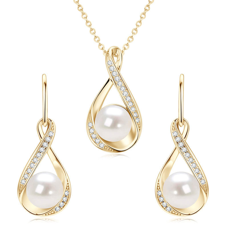 Freshwater Bread-Shaped Pearl Infinity Pendant & Earrings with Moissanites Jewelry Set
