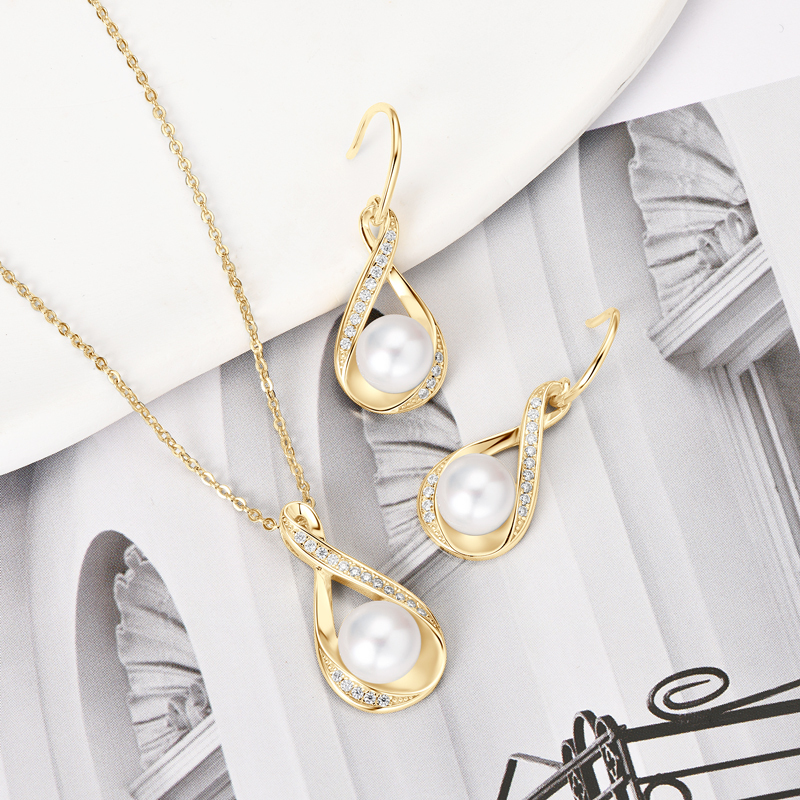Freshwater Bread-Shaped Pearl Infinity Pendant & Earrings with Moissanites Jewelry Set