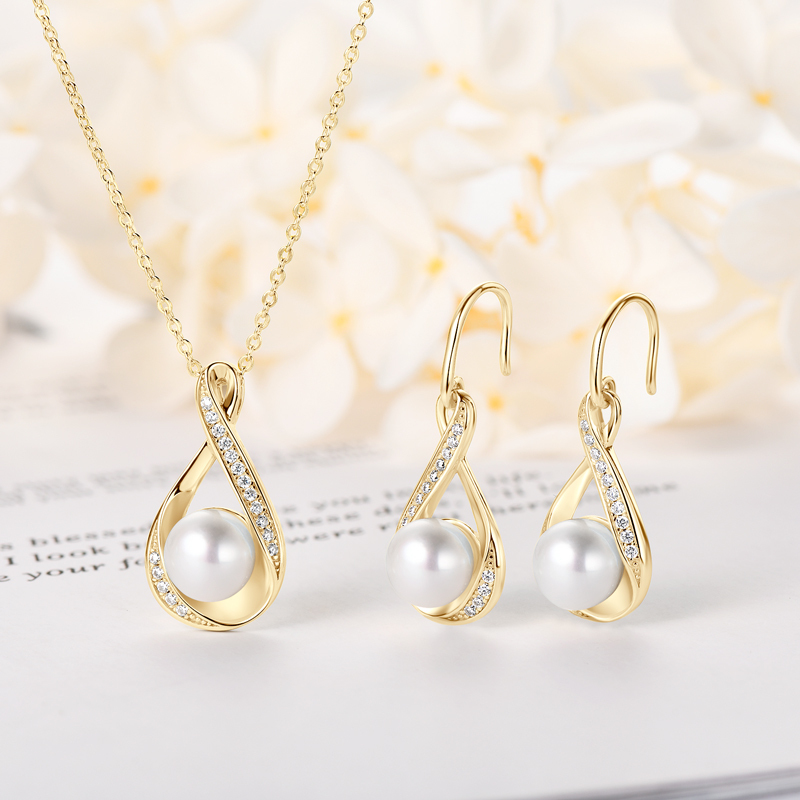 Freshwater Bread-Shaped Pearl Infinity Pendant & Earrings with Moissanites Jewelry Set