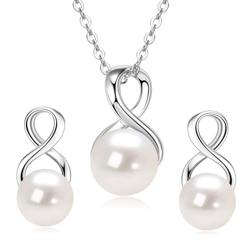 Natural freshwater pearl infinity pendant necklace and earrings jewelry set