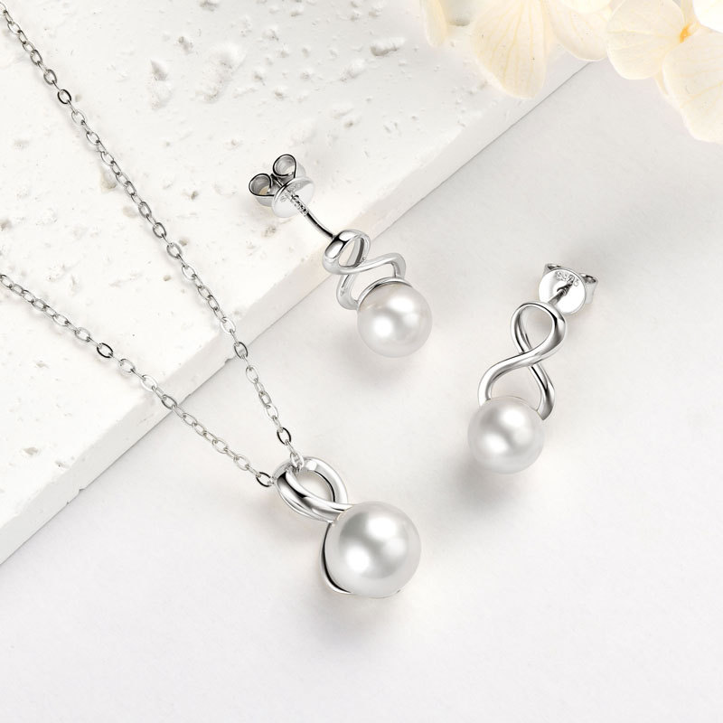9-9.5 mm Natural Freshwater Pearl Infinity Pendant Necklace & 7.5-8 mm Earrings Jewelry Set