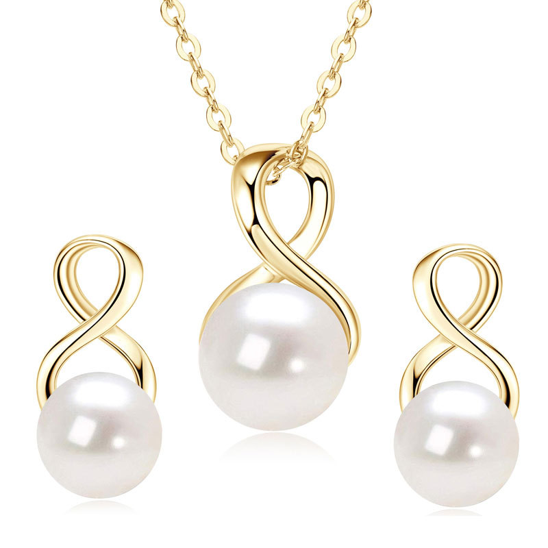 9-9.5 mm Natural Freshwater Pearl Infinity Pendant Necklace & 7.5-8 mm Earrings Jewelry Set