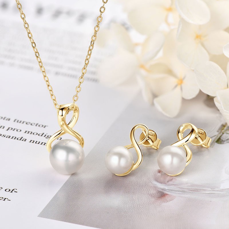9-9.5 mm Natural Freshwater Pearl Infinity Pendant Necklace & 7.5-8 mm Earrings Jewelry Set