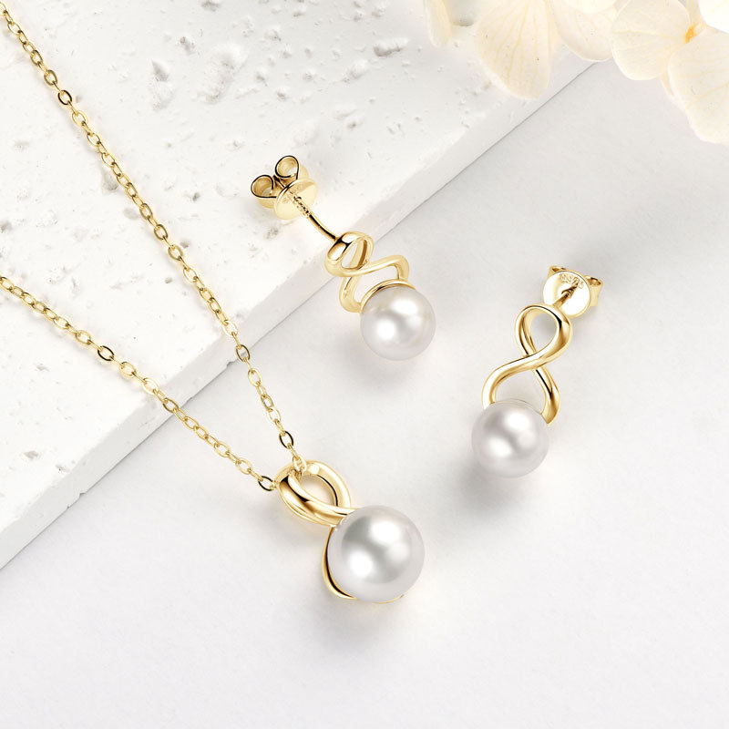 9-9.5 mm Natural Freshwater Pearl Infinity Pendant Necklace & 7.5-8 mm Earrings Jewelry Set