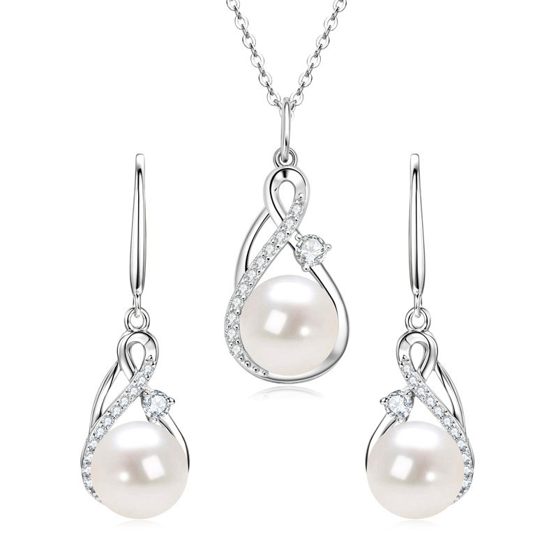9-9.5 mm Natural Freshwater Pearl Infinity Pendant Necklace & 8-8.5 mm Earrings (with Moissanite Stones) Jewelry Set