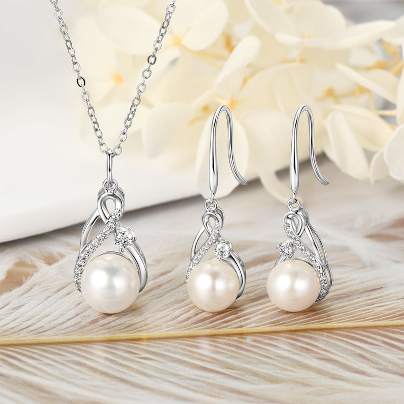 9-9.5 mm Natural Freshwater Pearl Infinity Pendant Necklace & 8-8.5 mm Earrings (with Moissanite Stones) Jewelry Set