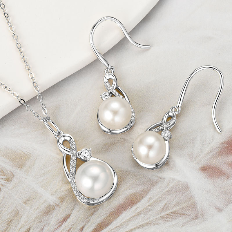 9-9.5 mm Natural Freshwater Pearl Infinity Pendant Necklace & 8-8.5 mm Earrings (with Moissanite Stones) Jewelry Set