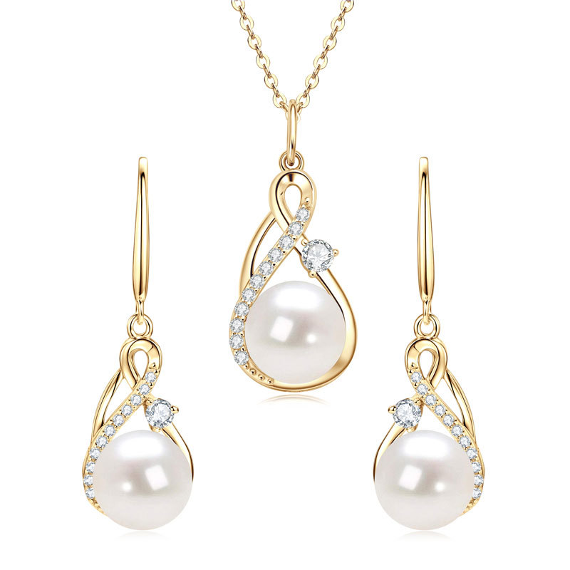 9-9.5 mm Natural Freshwater Pearl Infinity Pendant Necklace & 8-8.5 mm Earrings (with Moissanite Stones) Jewelry Set