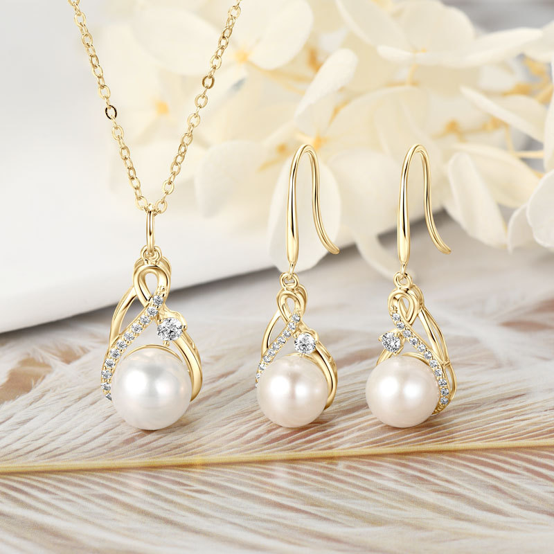 9-9.5 mm Natural Freshwater Pearl Infinity Pendant Necklace & 8-8.5 mm Earrings (with Moissanite Stones) Jewelry Set