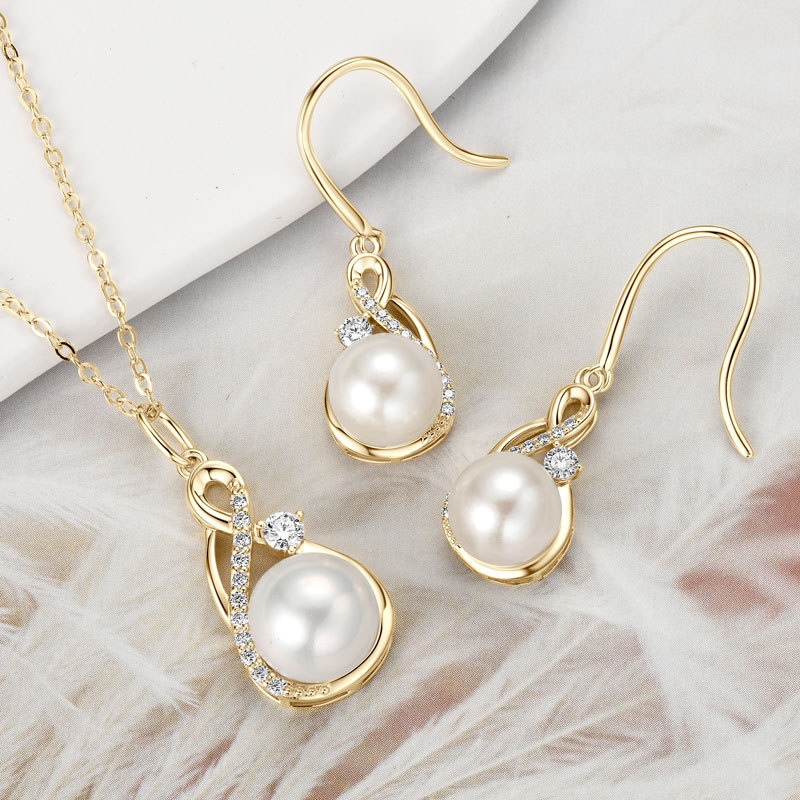 9-9.5 mm Natural Freshwater Pearl Infinity Pendant Necklace & 8-8.5 mm Earrings (with Moissanite Stones) Jewelry Set