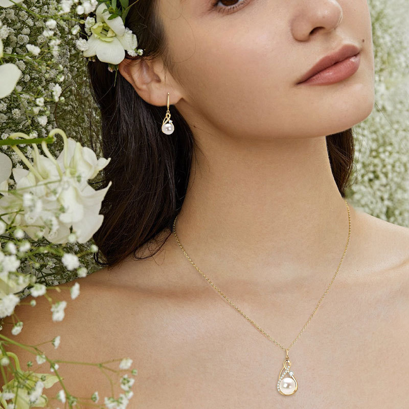 9-9.5 mm Natural Freshwater Pearl Infinity Pendant Necklace & 8-8.5 mm Earrings (with Moissanite Stones) Jewelry Set