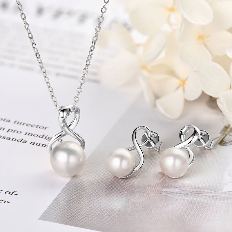 9-9.5 mm Natural Freshwater Pearl Infinity Pendant Necklace & 7.5-8 mm Earrings Jewelry Set