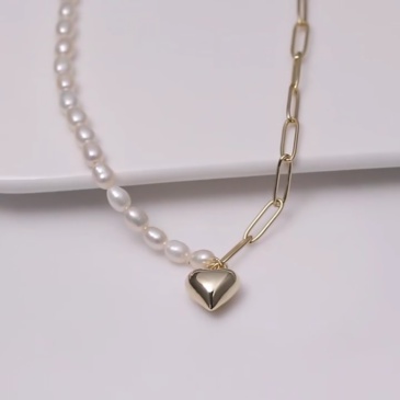 Half Freshwater Pearl & Half Paper Clip Chain Necklace (with Heart-Shaped Pendant)