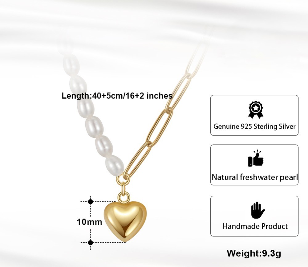 Half Freshwater Pearl & Half Paper Clip Chain Necklace (with Heart-Shaped Pendant)