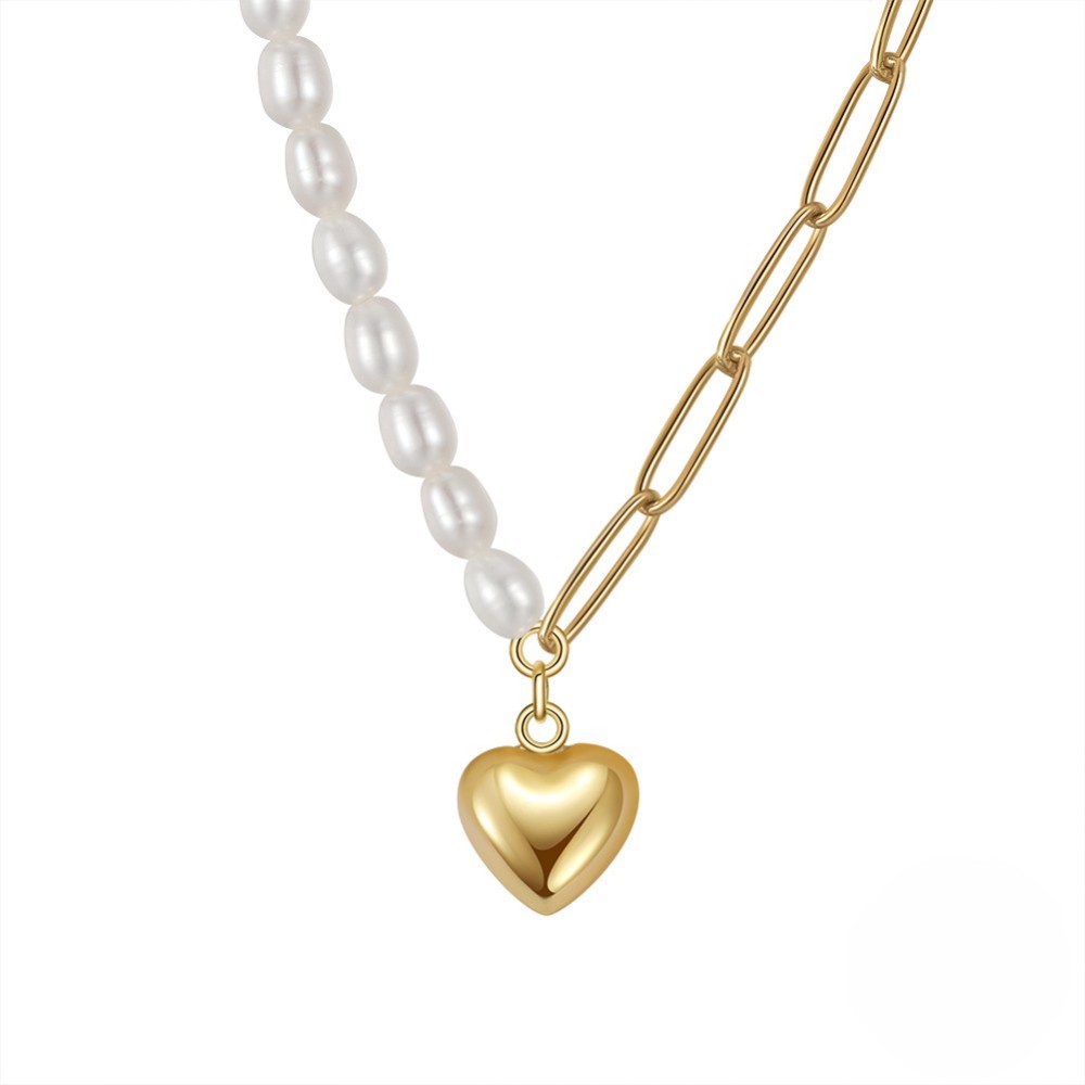 Half Freshwater Pearl & Half Paper Clip Chain Necklace (with Heart-Shaped Pendant)
