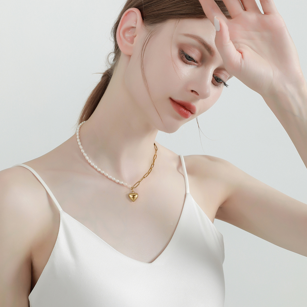 Half Freshwater Pearl & Half Paper Clip Chain Necklace (with Heart-Shaped Pendant)