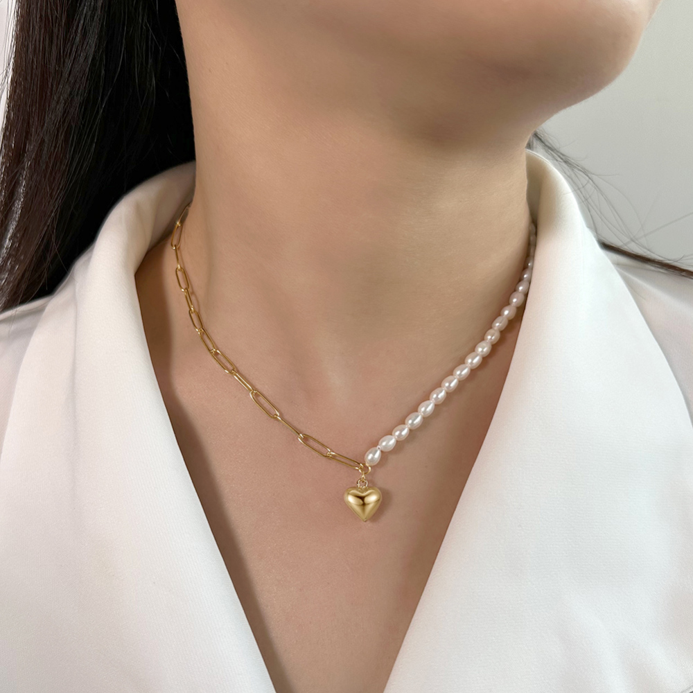 Half Freshwater Pearl & Half Paper Clip Chain Necklace (with Heart-Shaped Pendant)