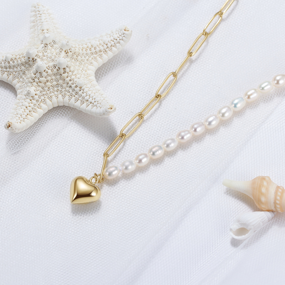 Half Freshwater Pearl & Half Paper Clip Chain Necklace (with Heart-Shaped Pendant)