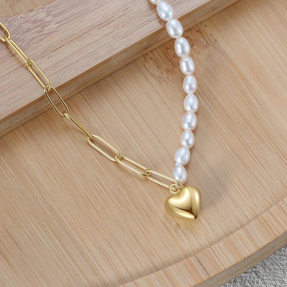 Half Freshwater Pearl & Half Paper Clip Chain Necklace (with Heart-Shaped Pendant)