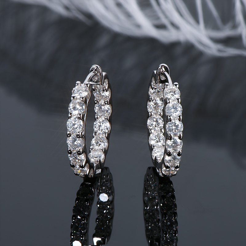 D-Color 3mm/1.3ct Round Brilliant Cut Moissanite Row Inlaid Hoop Earrings