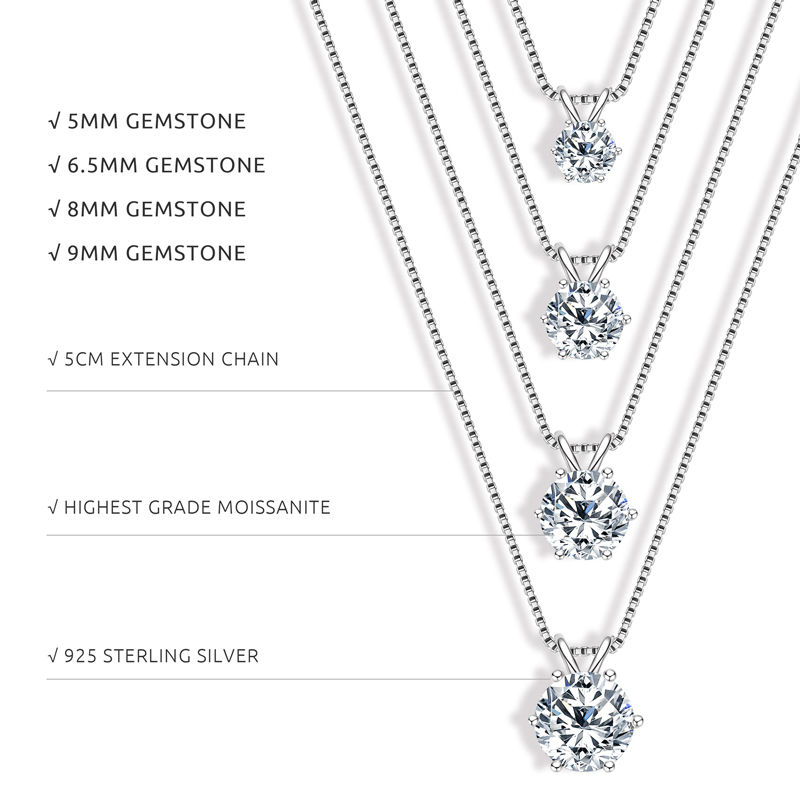Classic D-Color 6-Prong Round Solitaire Moissanite Pendant Necklace