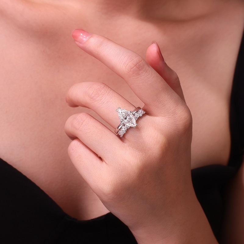 3ct Marquise Cut Moissanite Bridal Set in White Gold Plated 925 Silver