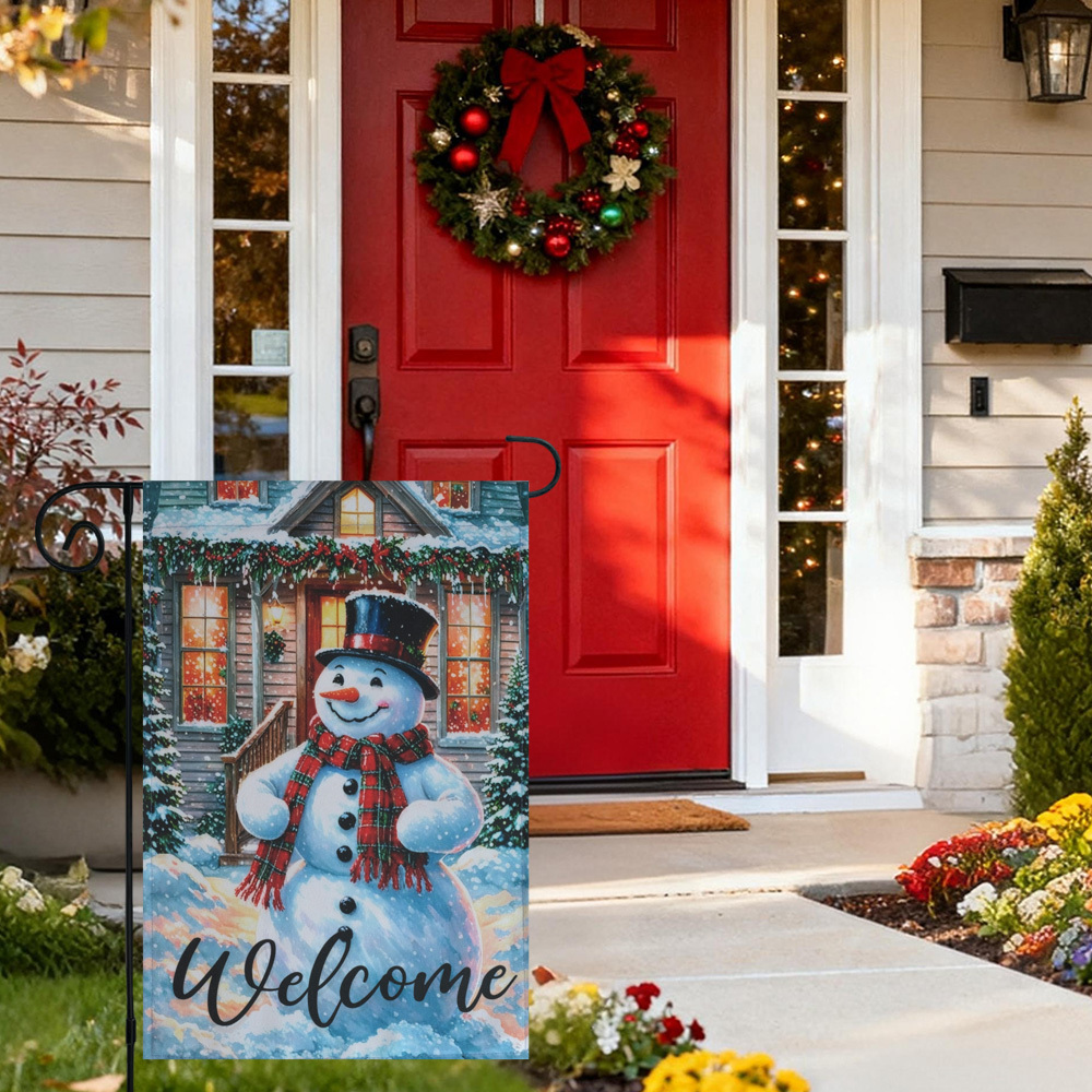 Christmas Garden Flag Festive Snowman Outdoor Welcome Decor Flag Set with Metal Holder,12x18 Inch Spun Polyester Holiday Yard Banner Decorative Merry Xmas Flags (Welcome)
