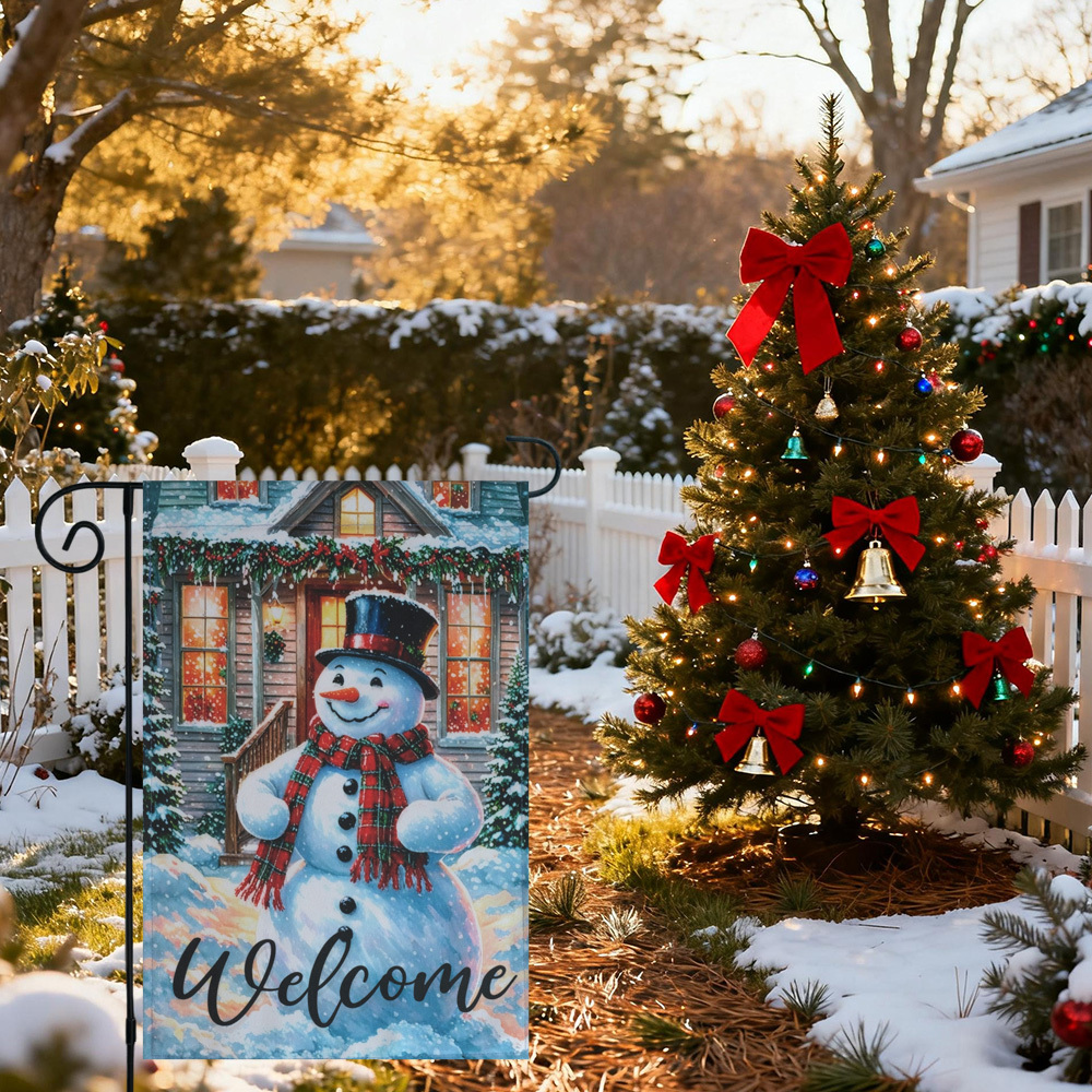 Christmas Garden Flag Festive Snowman Outdoor Welcome Decor Flag Set with Metal Holder,12x18 Inch Spun Polyester Holiday Yard Banner Decorative Merry Xmas Flags (Welcome)