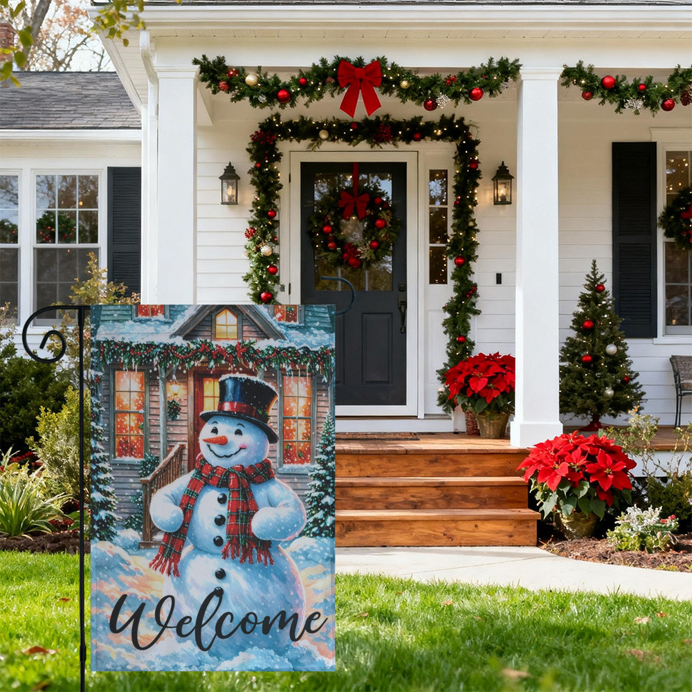 Christmas Garden Flag Festive Snowman Outdoor Welcome Decor Flag Set with Metal Holder,12x18 Inch Spun Polyester Holiday Yard Banner Decorative Merry Xmas Flags (Welcome)