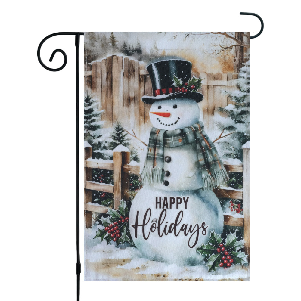 Christmas Garden Flag Festive Snowman Outdoor Welcome Decor Flag Set with Metal Holder,12x18 Inch Spun Polyester Holiday Yard Banner Decorative Merry Xmas Flags (Happy Holidays)