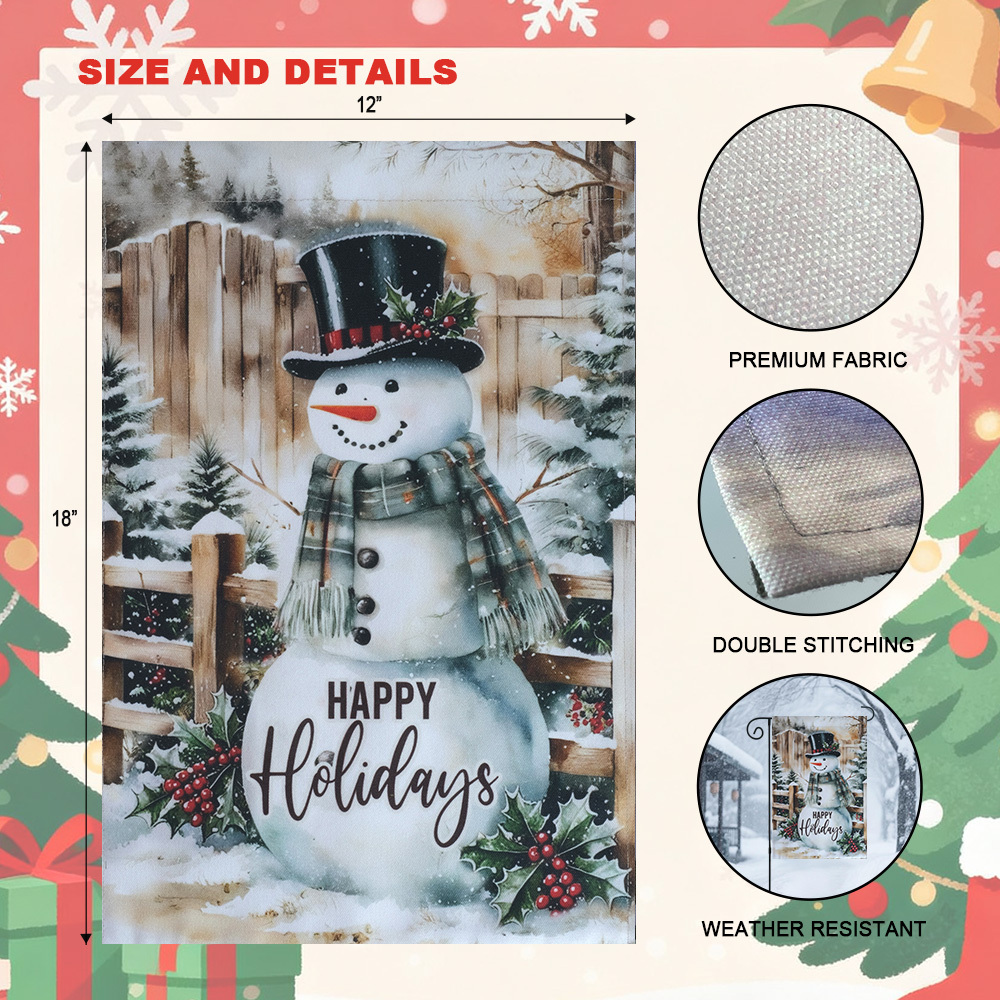 Christmas Garden Flag Festive Snowman Outdoor Welcome Decor Flag Set with Metal Holder,12x18 Inch Spun Polyester Holiday Yard Banner Decorative Merry Xmas Flags (Happy Holidays)