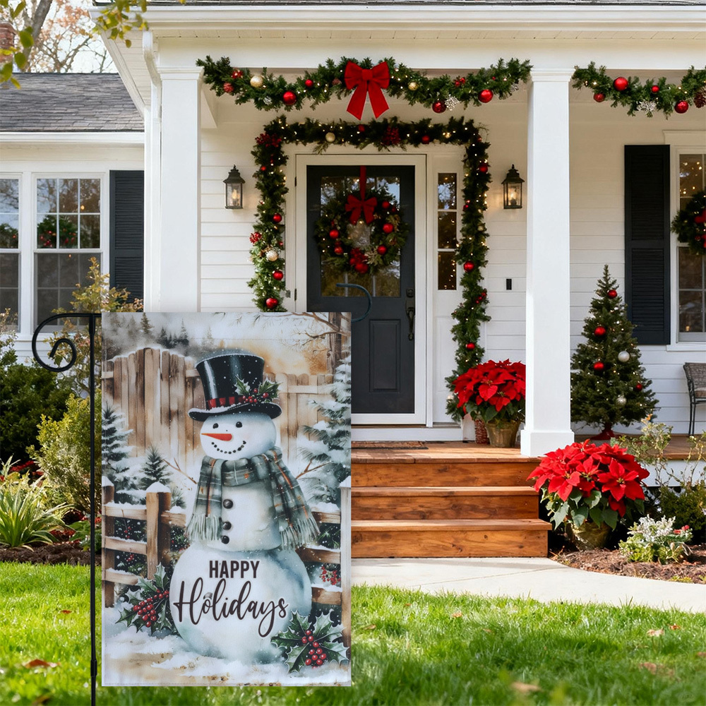 Christmas Garden Flag Festive Snowman Outdoor Welcome Decor Flag Set with Metal Holder,12x18 Inch Spun Polyester Holiday Yard Banner Decorative Merry Xmas Flags (Happy Holidays)