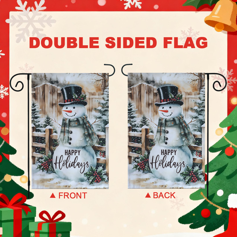 Christmas Garden Flag Festive Snowman Outdoor Welcome Decor Flag Set with Metal Holder,12x18 Inch Spun Polyester Holiday Yard Banner Decorative Merry Xmas Flags (Happy Holidays)