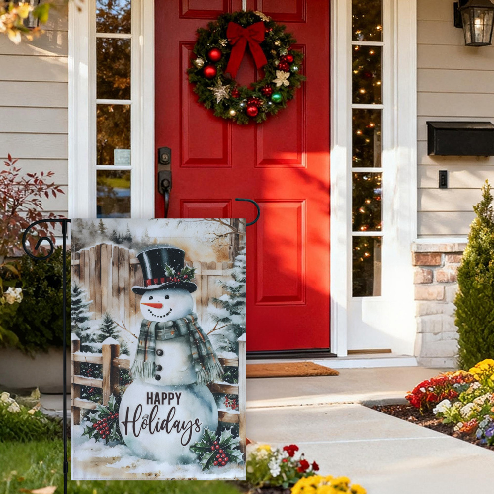 Christmas Garden Flag Festive Snowman Outdoor Welcome Decor Flag Set with Metal Holder,12x18 Inch Spun Polyester Holiday Yard Banner Decorative Merry Xmas Flags (Happy Holidays)