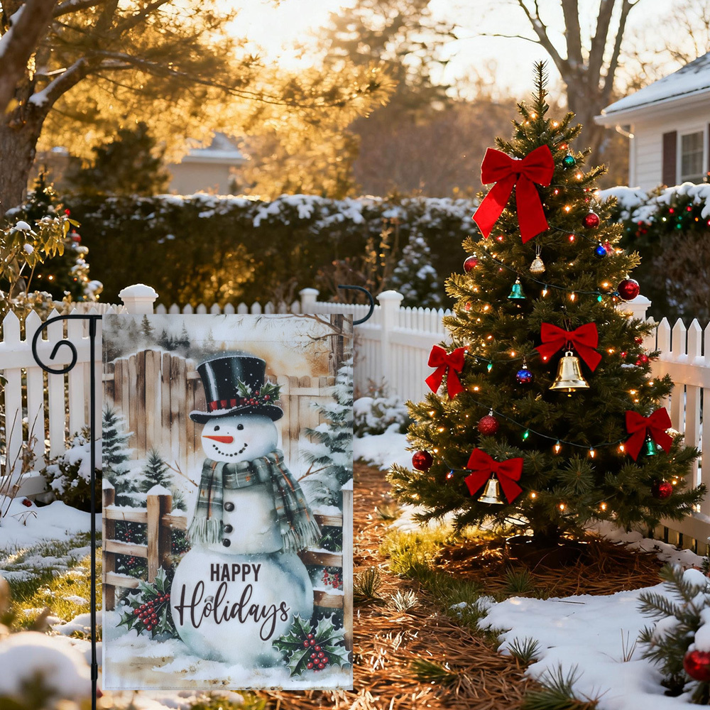 Christmas Garden Flag Festive Snowman Outdoor Welcome Decor Flag Set with Metal Holder,12x18 Inch Spun Polyester Holiday Yard Banner Decorative Merry Xmas Flags (Happy Holidays)