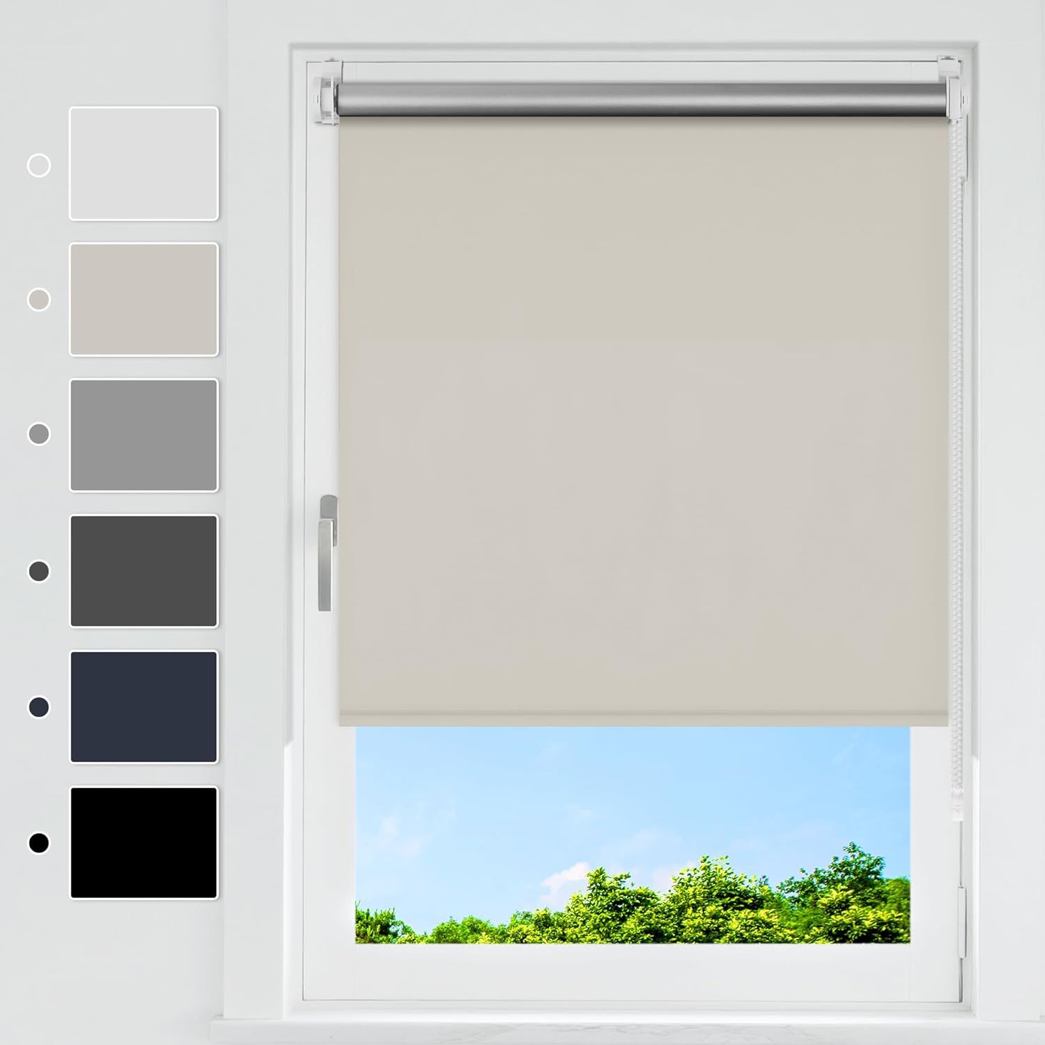 Blackout Roller Blind with Clamp Brackets, No Drilling Required, Indoor Thermal Roller Blinds for Windows and Doors, 150 cm, 160 cm, 170 cm, Sun Protection and Privacy