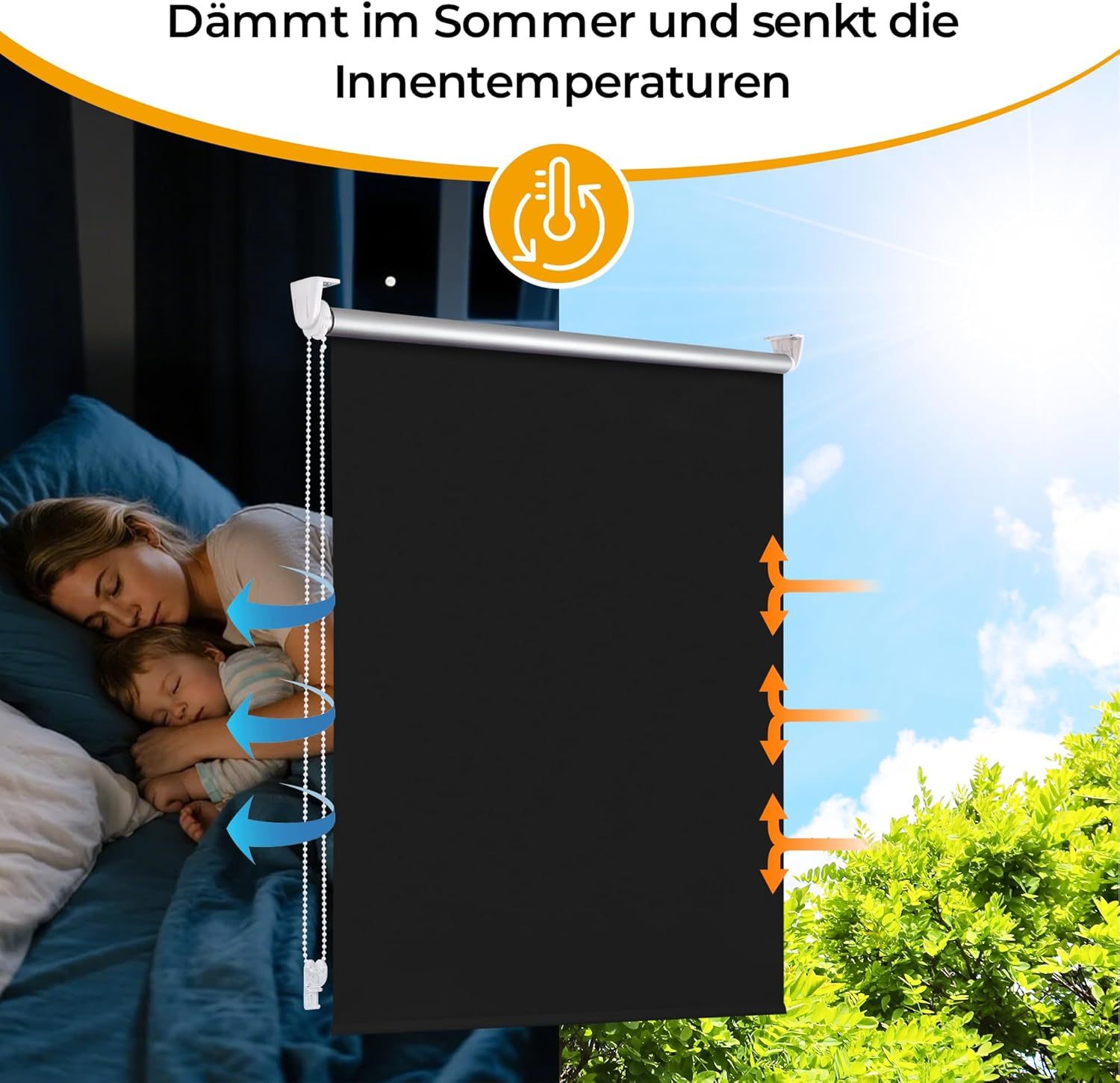 Blackout Roller Blind with Clamp Brackets, No Drilling Required, Indoor Thermal Roller Blinds for Windows and Doors, 150 cm, 160 cm, 170 cm, Sun Protection and Privacy