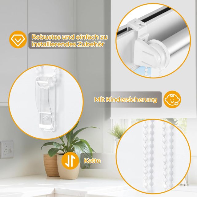 Blackout Roller Blind with Clamp Brackets, No Drilling Required, Indoor Thermal Roller Blinds for Windows and Doors, 150 cm, 160 cm, 170 cm, Sun Protection and Privacy