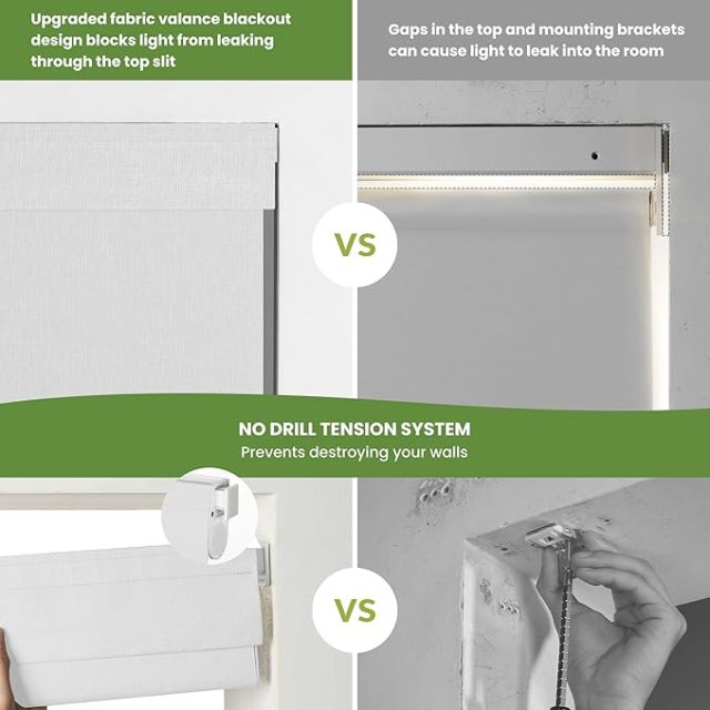 No Drill No Tools Blackout Roller Shades - 34"x36" Hemp-Dark Gray | Free-Stop Cordless Blinds with UV Protection | Custom Fit for Home, Bedroom, Office, Living Room