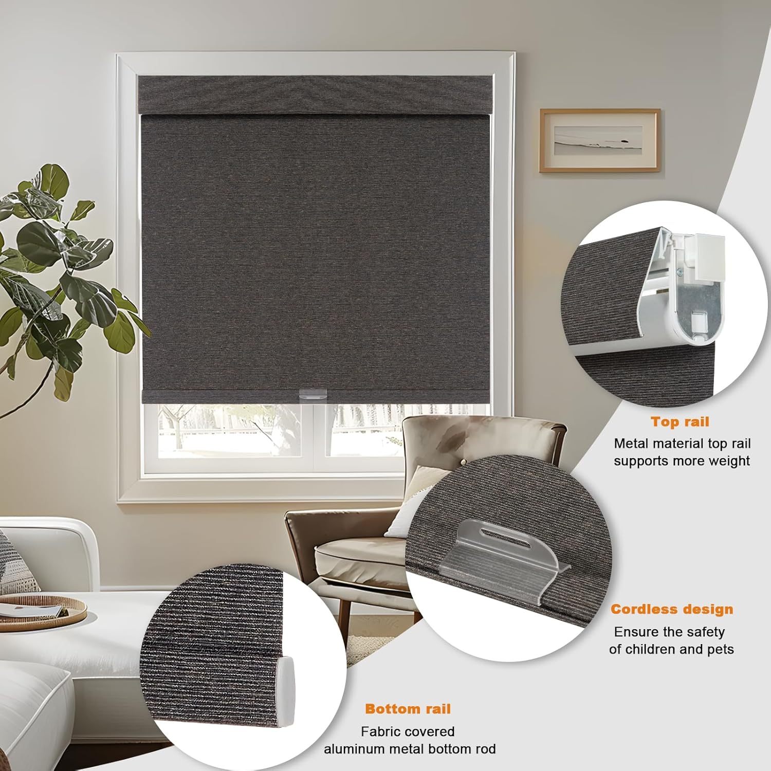 100% black Roller Shades Free-Stop,Pull Down Room Darkening with Valance,Thermal Insulated Woven Fabric Window Door Blinds for Home