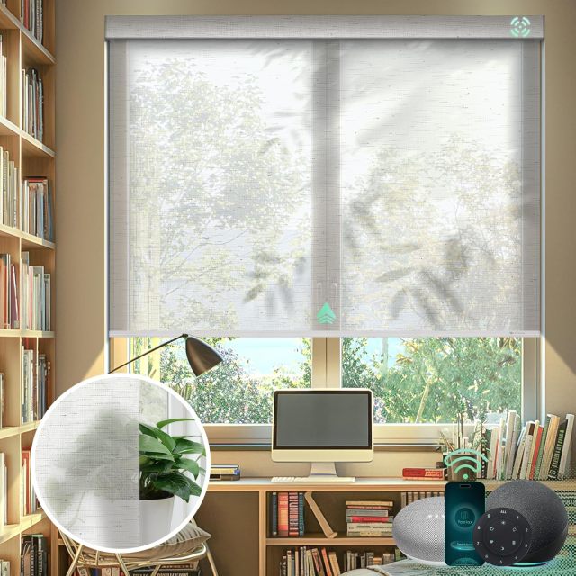 Smart Roller Blinds for Windows, Alexa Blackout Motorized Blinds with Remote Control, Easy Install Automatic Electric Blinds for Indoor  White