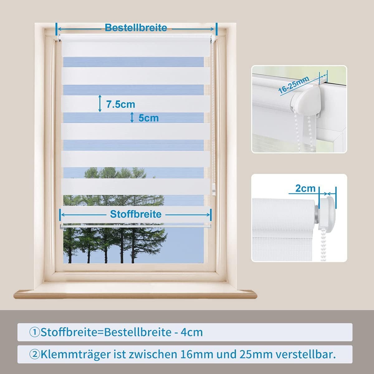 No-Drill Double Roller Blind, Duo Roller Blind, Sun Protection Roller Blind, Window Blind for Windows and Doors, Side Pull Zebra Blind