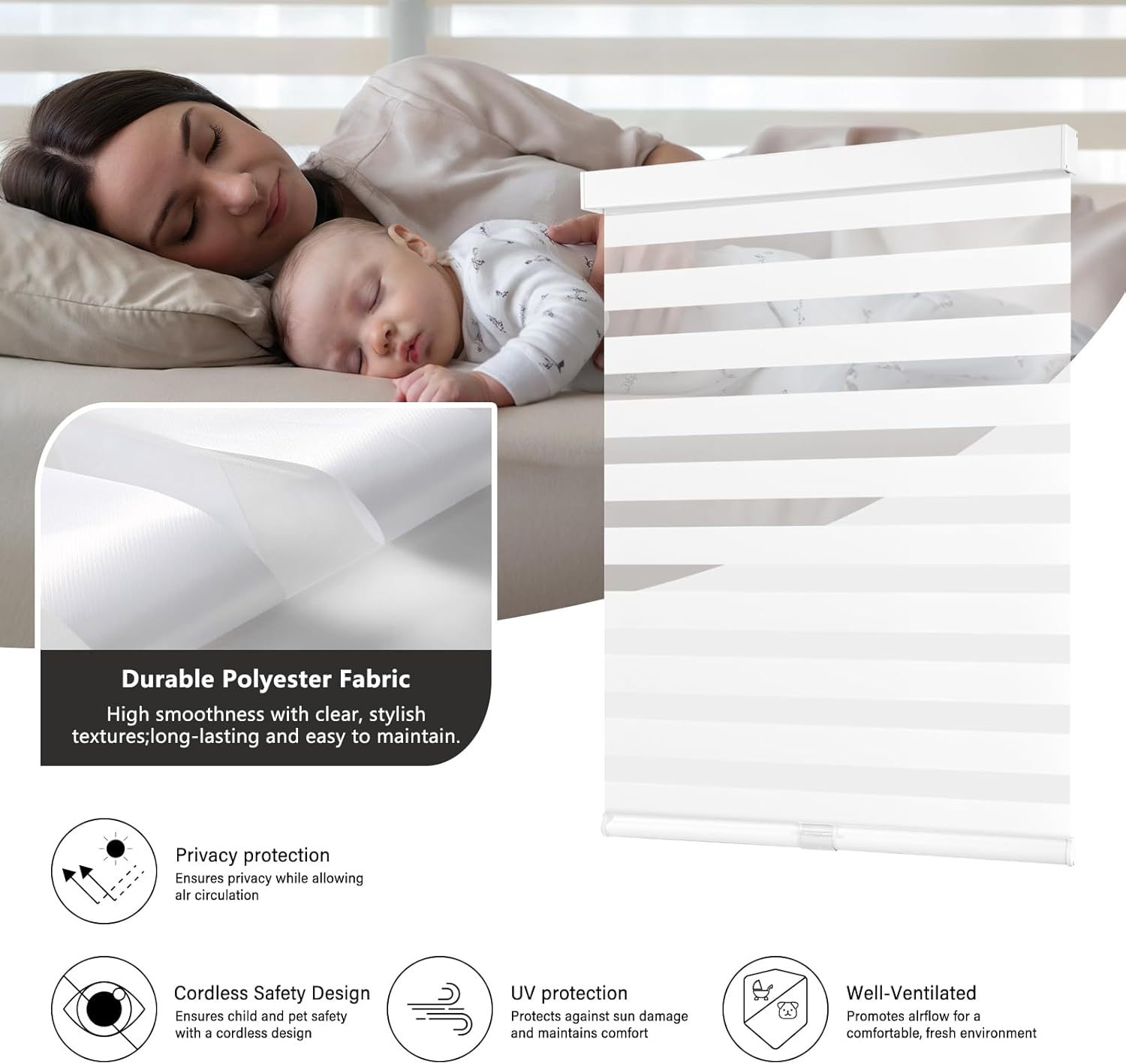 Cordless Zebra Blinds for Windows, Dual Layer Blackout for Day and Night, Easy to Install, Safe for Child and Pets, Perfect for Home, Office, hotel project apartment
