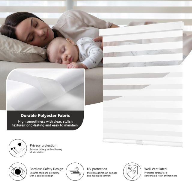 Cordless Zebra Blinds for Windows, Dual Layer Blackout for Day and Night, Easy to Install, Safe for Child and Pets, Perfect for Home, Office, hotel project apartment