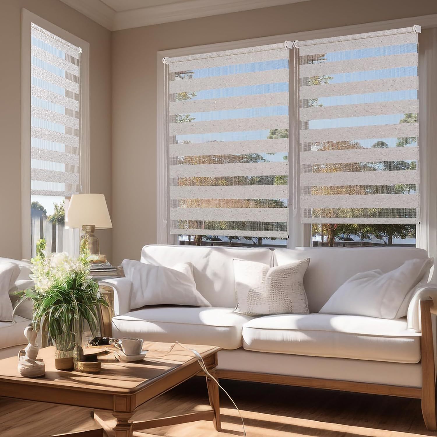 No-Drill Double Roller Blind, Duo Roller Blind, Sun Protection Roller Blind, Window Blind for Windows and Doors, Side Pull Zebra Blind