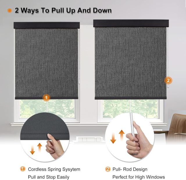 Roller Blinds Cordless Blinds for Windows Rod Control Free-Stop Shades, UV Protection, Natural Woven Blinds for Home and Office, Light-Proof Aluminum Cover